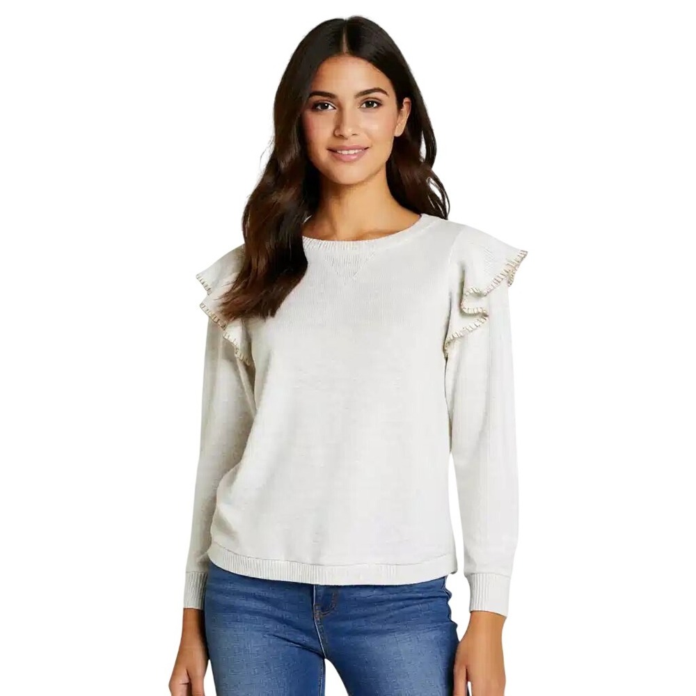 Democracy Womens Ruffle Shoulder Blanket Stitch Sweatshirt Oatmeal Sm NWT